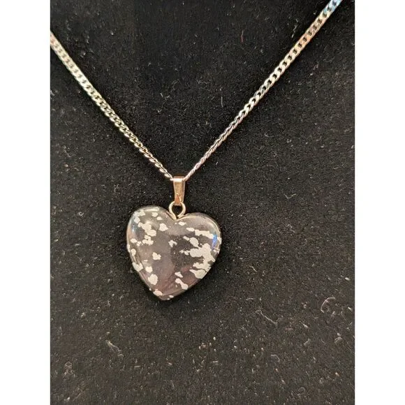 Snowflake Obsidian Heart Pendant – Italy 925 Sterling Silver Chain, Vintage - Picture 2 of 3